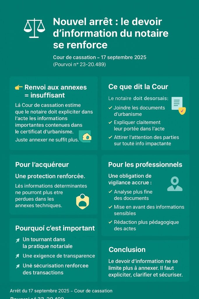 Devoir d’information du notaire : la Cour de cassation énonce que le simple renvoi aux annexes ne suffit pas